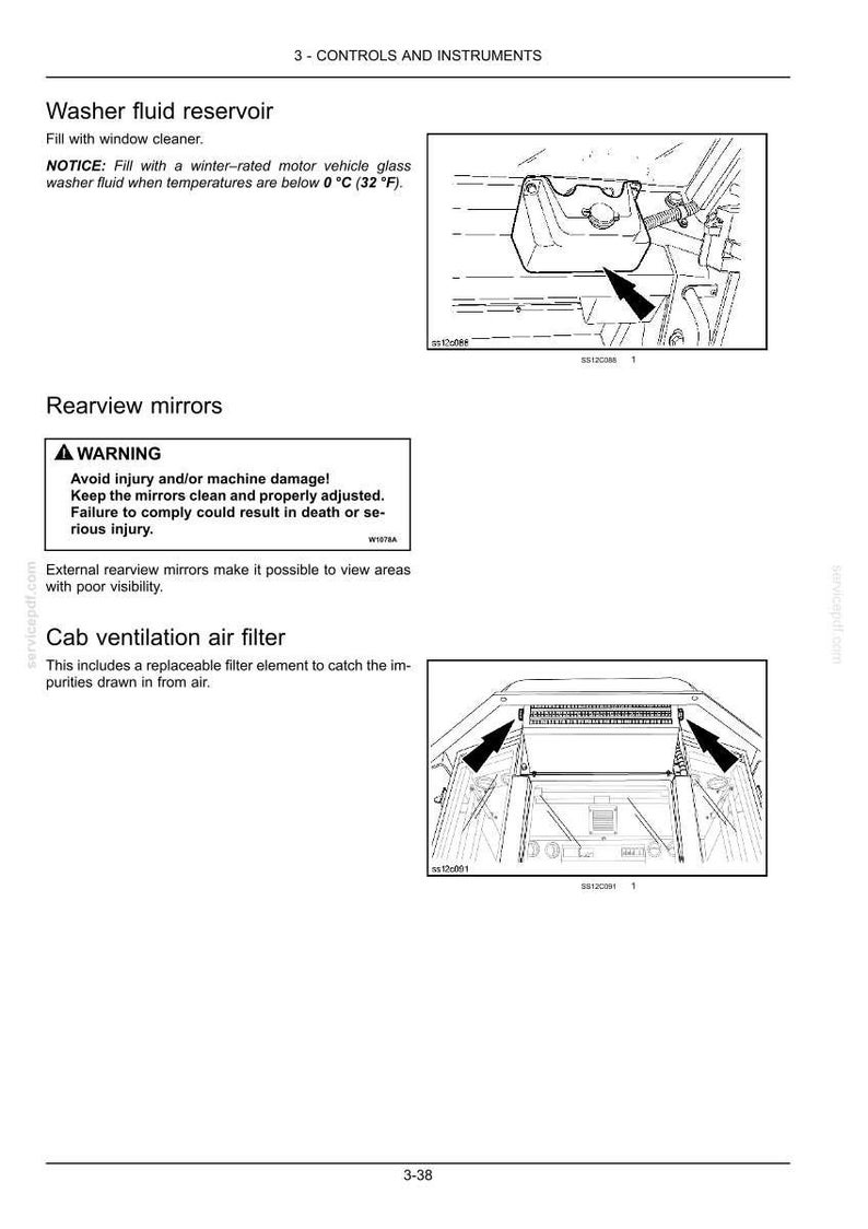 May include: Diagram illustrating car controls and instruments: washer fluid reservoir, rearview mirrors, and cab ventilation air filter. Includes warnings and instructions for vehicle maintenance.