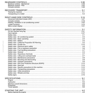May include: A detailed table of contents from a manual, with headings and subheadings such as "Operator's Seat," "Safety Information," and "Specifications." The text is black on a white background.