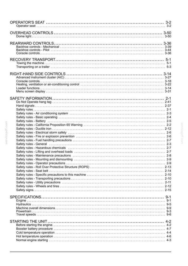 May include: A detailed table of contents from a manual, with headings and subheadings such as "Operator's Seat," "Safety Information," and "Specifications." The text is black on a white background.