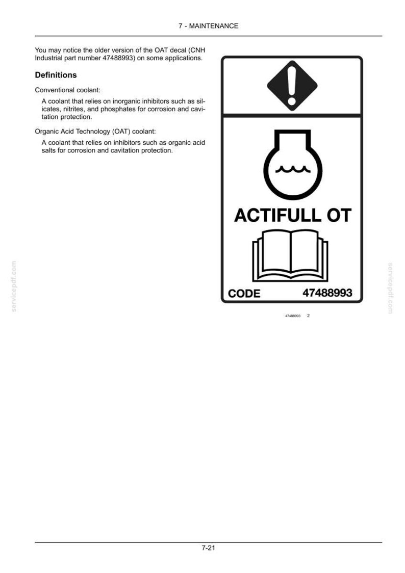May include: A technical document page titled 7-MAINTENANCE featuring a black and white rectangular label graphic. The label contains an exclamation mark icon, a flask icon, the text ACTIFULL OT, an open book icon, and the code 47488993.