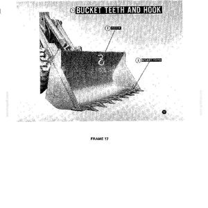 Op de afbeelding: Illustratie van een graafmachinebak met de tekst "BUCKET TEETH AND HOOK". De bak heeft meerdere tanden langs de onderrand en een haak. De afbeelding bevat ook de tekst "FRAME 17".