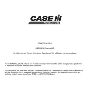 May include: A white document featuring the "CASE IH AGRICULTURE" logo in black and red. Text includes "PRINTED IN U.S.A." and copyright details. The document is for technical publications and tools.