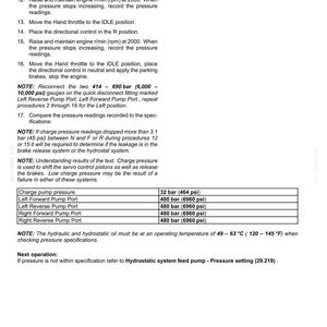 Op de afbeelding: Technisch document over hydrostatische aandrijfpomp- en motorcomponenten. Bevat instructies voor drukmetingen in bar en psi. Opmerkingen over laaddruk en bedrijfstemperaturen van 49-63&deg;C (120-145&deg;F).