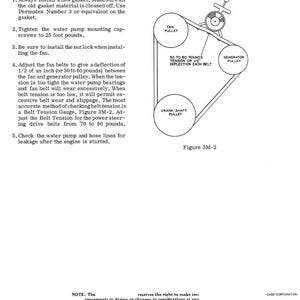 May include: Diagram of a water pump installation with labeled parts: fan pulley, generator pulley, and crank shaft pulley. Instructions include tightening cap screws, adjusting fan belts, and checking for leakage. Text reads "Water Pump Installation."