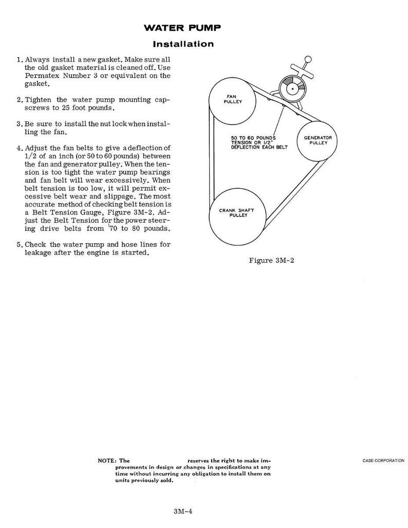 May include: Diagram of a water pump installation with labeled parts: fan pulley, generator pulley, and crank shaft pulley. Instructions include tightening cap screws, adjusting fan belts, and checking for leakage. Text reads "Water Pump Installation."