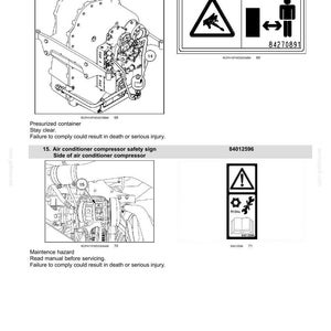 May include: A technical document page titled 2-SAFETY INFORMATION displaying two safety signs. The first sign 84270891 shows a pressurised container warning. The second sign 84012596 depicts an air conditioner compressor maintenance hazard warning.