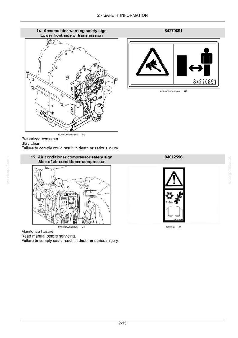 May include: A technical document page titled 2-SAFETY INFORMATION displaying two safety signs. The first sign 84270891 shows a pressurised container warning. The second sign 84012596 depicts an air conditioner compressor maintenance hazard warning.