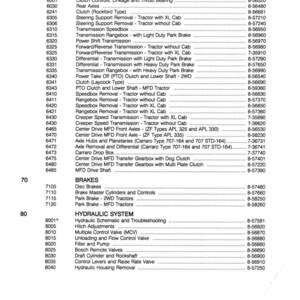 May include: A detailed parts list for a tractor, featuring sections on power train, brakes, and hydraulic systems. Includes component names, descriptions, and publication numbers. The document is dated and printed.