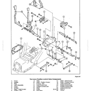 Op de afbeelding: Een gedetailleerd diagram van hydraulische systeemcomponenten, met hendels, assen en nokken. De zwart-wit illustratie, getiteld "Figuur 29", toont onderdelen zoals platen, O-ringen en klepassemblages. De tekst geeft aan dat het afkomstig is uit deel 8, hoofdstuk 1 van een handleiding.