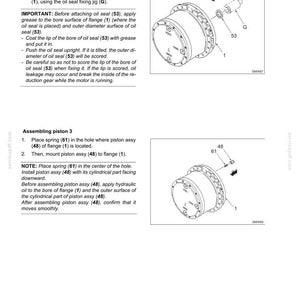 May include: A technical manual page titled E245B TRAVEL DEVICE MOTOR featuring two diagrams. The first shows the installation of an oil seal (53) into a flange (1) using a jig (G). The second shows the assembly of a spring (61) and piston (48).
