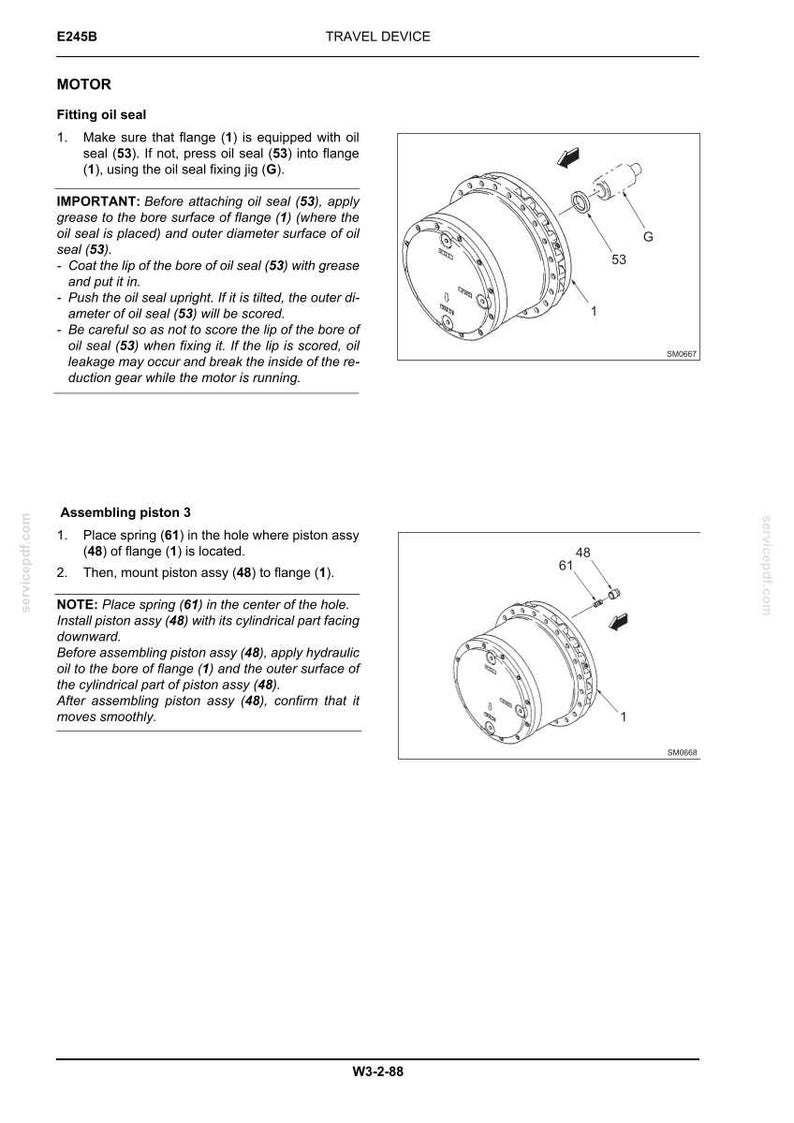 May include: A technical manual page titled E245B TRAVEL DEVICE MOTOR featuring two diagrams. The first shows the installation of an oil seal (53) into a flange (1) using a jig (G). The second shows the assembly of a spring (61) and piston (48).