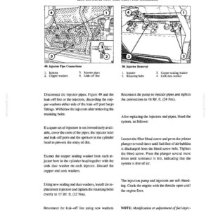 May include: A technical manual page titled Routine Lubrication and Maintenance, 1200 Hour/12 Months Service. It features two diagrams, Figure 49 showing injector pipe connections and Figure 50 showing injector removal, with numbered parts and text instructions.