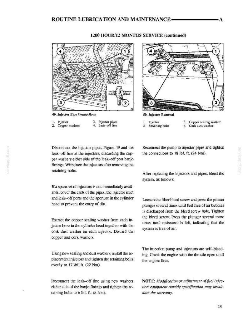 May include: A technical manual page titled Routine Lubrication and Maintenance, 1200 Hour/12 Months Service. It features two diagrams, Figure 49 showing injector pipe connections and Figure 50 showing injector removal, with numbered parts and text instructions.