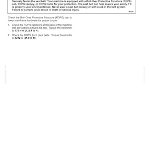 May include: A page from a maintenance manual with the title "Roll Over Protective Structure (ROPS) mechanism and hardware check." The text includes a warning about roll-over hazards and instructions for checking ROPS hardware, with torque specifications in lb ft.