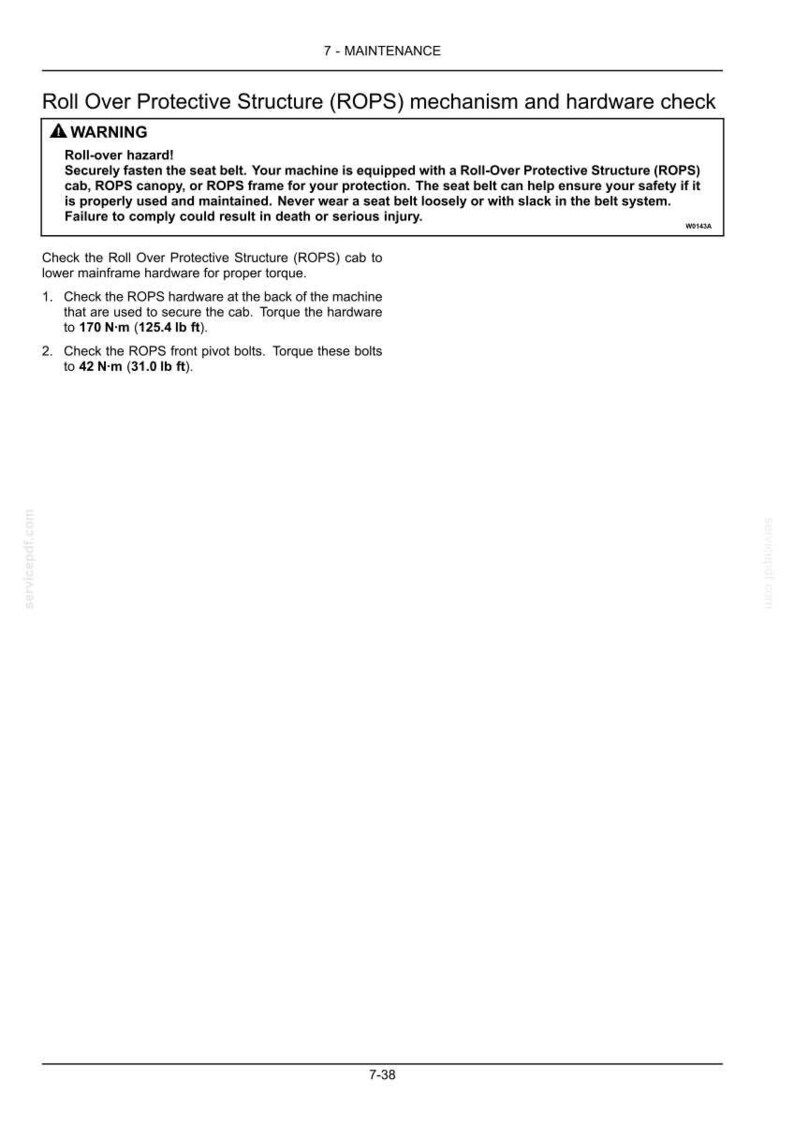 May include: A page from a maintenance manual with the title "Roll Over Protective Structure (ROPS) mechanism and hardware check." The text includes a warning about roll-over hazards and instructions for checking ROPS hardware, with torque specifications in lb ft.