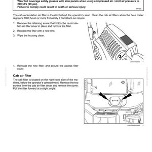 May include: A technical maintenance manual page titled Cab air filter - Recirculation filter [52963389] featuring a warning about eye injury hazards, compressed air usage, and instructions for replacing cab air filters with two line drawings.
