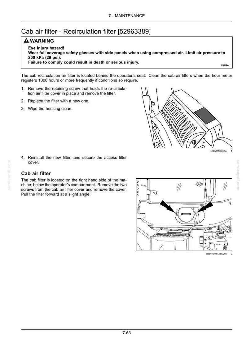 May include: A technical maintenance manual page titled Cab air filter - Recirculation filter [52963389] featuring a warning about eye injury hazards, compressed air usage, and instructions for replacing cab air filters with two line drawings.