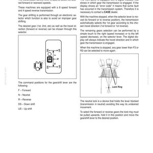 May include: Page from a manual detailing grader operations with Funk transmission. Includes diagrams of gearshift levers, command positions, and a neutral lock. Text explains gear selection and error codes.