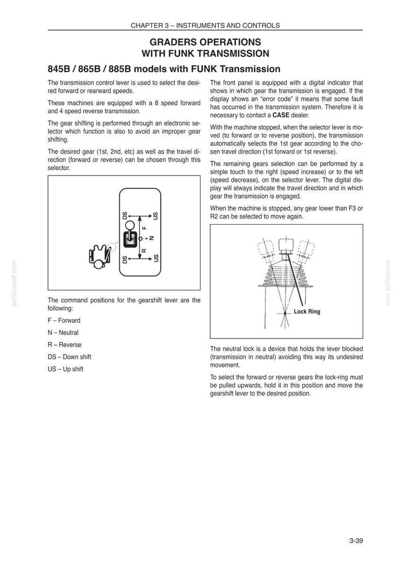 May include: Page from a manual detailing grader operations with Funk transmission. Includes diagrams of gearshift levers, command positions, and a neutral lock. Text explains gear selection and error codes.