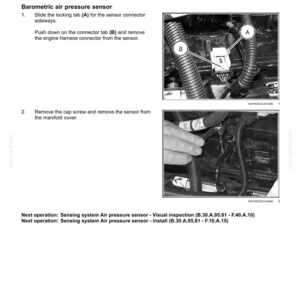 Puede incluir: Diagrama de un sistema de admisi&oacute;n de aire con instrucciones para quitar el sensor de presi&oacute;n de aire. La imagen incluye primeros planos del sensor y el conector, con las etiquetas A y B. El texto incluye "Power Production" y "Barometric air pressure sensor."