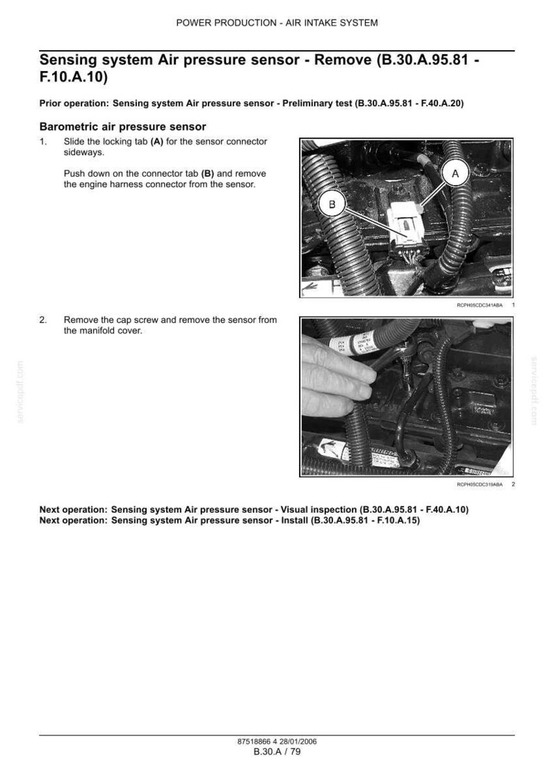 Puede incluir: Diagrama de un sistema de admisi&oacute;n de aire con instrucciones para quitar el sensor de presi&oacute;n de aire. La imagen incluye primeros planos del sensor y el conector, con las etiquetas A y B. El texto incluye "Power Production" y "Barometric air pressure sensor."