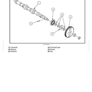 May include: An exploded view diagram of an engine's valve drive and gears. The diagram includes a camshaft, bearing, washers, camshaft gear, spacer, and key. The text "Camshaft - Exploded view" is at the top.