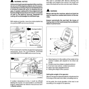 Może przedstawiać: Strona z instrukcji technicznej o tytule DC150.B, strona 43, zawierająca instrukcje dotyczące wyłączania silnika i regulacji fotela operatora. Zawiera schematy kluczyka stacyjki, gł&oacute;wnego wyłącznika elektrycznego oraz fotela z oznaczonymi dźwigniami.