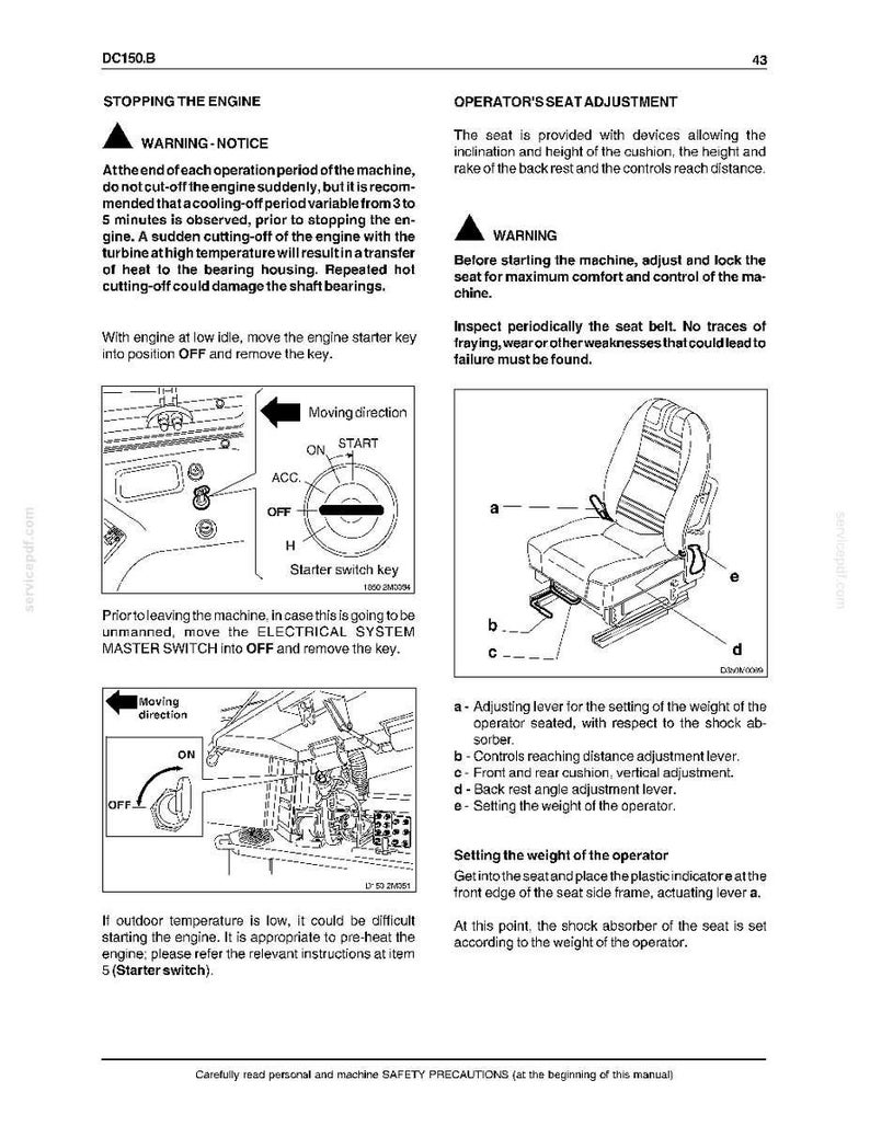 Może przedstawiać: Strona z instrukcji technicznej o tytule DC150.B, strona 43, zawierająca instrukcje dotyczące wyłączania silnika i regulacji fotela operatora. Zawiera schematy kluczyka stacyjki, gł&oacute;wnego wyłącznika elektrycznego oraz fotela z oznaczonymi dźwigniami.