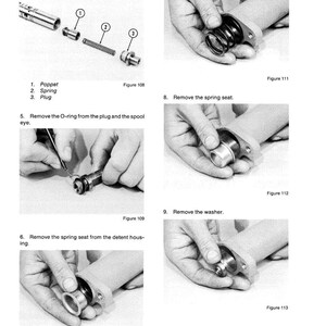 May include: A black and white diagram illustrating the disassembly of a mechanical component. The image shows various steps, including removing a poppet, spring, plug, O-ring, and other parts. Text labels identify each component and step.