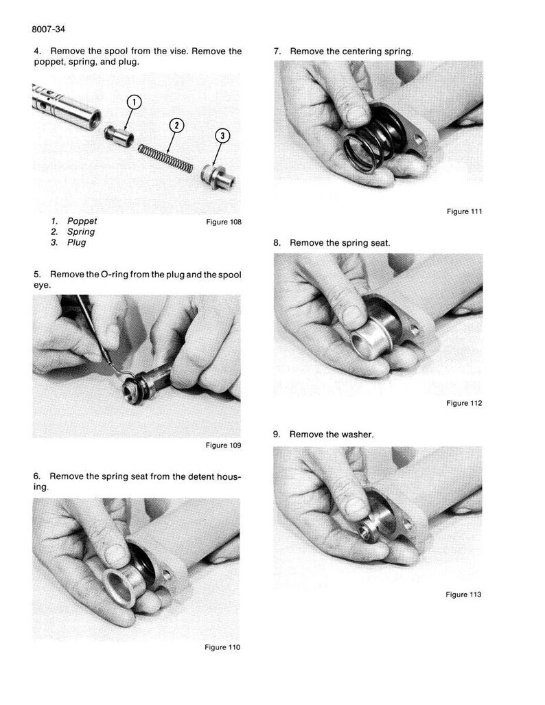 May include: A black and white diagram illustrating the disassembly of a mechanical component. The image shows various steps, including removing a poppet, spring, plug, O-ring, and other parts. Text labels identify each component and step.