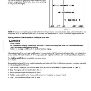 Peut inclure: Une page de document technique intitul&eacute;e Lubricants and Coolants pr&eacute;sentant un tableau de viscosit&eacute; d'huile moteur avec des plages de temp&eacute;rature en Celsius et Fahrenheit, un avertissement de br&ucirc;lure et des instructions pour l'huile biod&eacute;gradable.