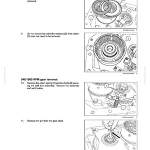 May include: Diagram from a manual showing the power train and rear PTO hydraulic system. The image includes detailed illustrations of mechanical components, including friction disks, spring separators, and gear removal procedures. Text labels and arrows indicate specific parts and steps.