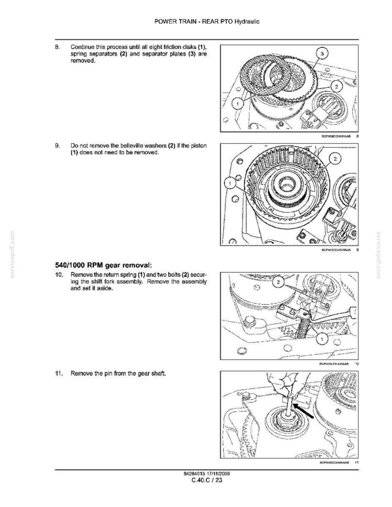 May include: Diagram from a manual showing the power train and rear PTO hydraulic system. The image includes detailed illustrations of mechanical components, including friction disks, spring separators, and gear removal procedures. Text labels and arrows indicate specific parts and steps.