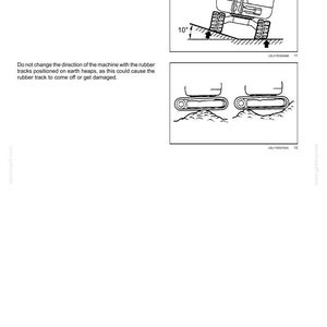 May include: A technical manual page titled 4 - OPERATING INSTRUCTIONS featuring two black and white line drawings. The first shows a machine on a 10-degree slope, and the second illustrates rubber tracks positioned on earth heaps with warning text.