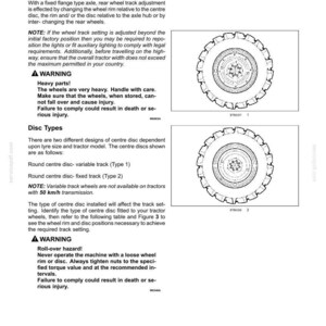 May include: A technical manual page titled REAR WHEEL TRACK ADJUSTMENT for a flange type axle. It includes text instructions, two warning boxes, and two black and white line drawings of tractor wheels with central discs labeled 1 and 2.