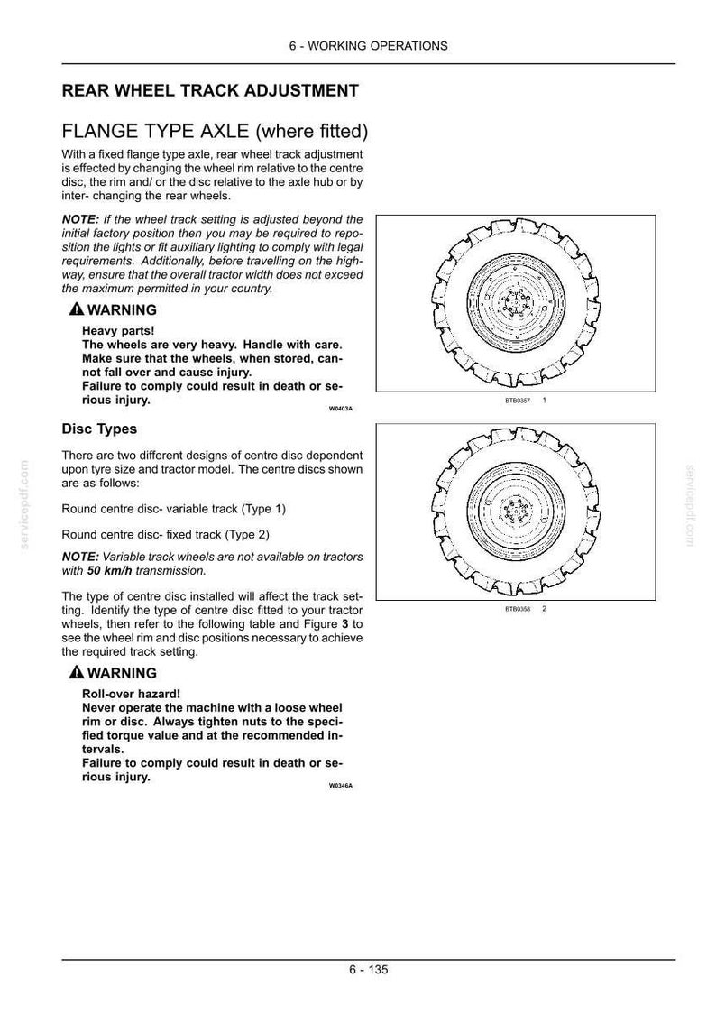 May include: A technical manual page titled REAR WHEEL TRACK ADJUSTMENT for a flange type axle. It includes text instructions, two warning boxes, and two black and white line drawings of tractor wheels with central discs labeled 1 and 2.