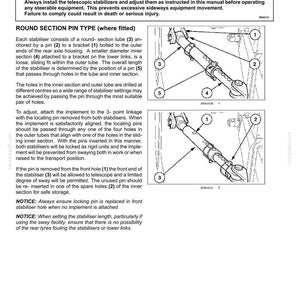 May include: A technical manual page titled 6-WORKING OPERATIONS LINKAGE STABILISER ADJUSTMENT. It features two black and white line drawings of a round section pin type stabilizer with numbered parts 1 through 5 and instructional text.