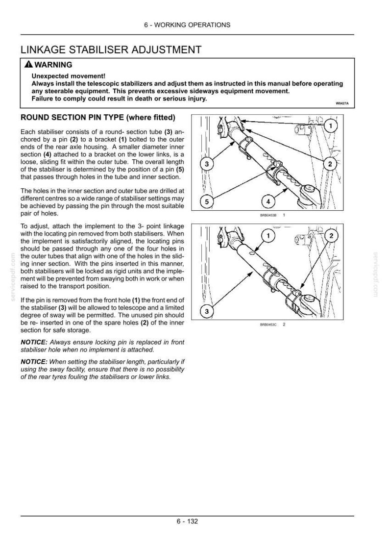 May include: A technical manual page titled 6-WORKING OPERATIONS LINKAGE STABILISER ADJUSTMENT. It features two black and white line drawings of a round section pin type stabilizer with numbered parts 1 through 5 and instructional text.