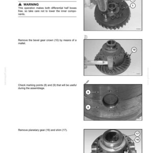 May include: Technical diagram illustrating steps for rear axle maintenance. Includes close-up images of mechanical components, such as gears, screws, and a mallet. Text instructions and numbered labels are also present.
