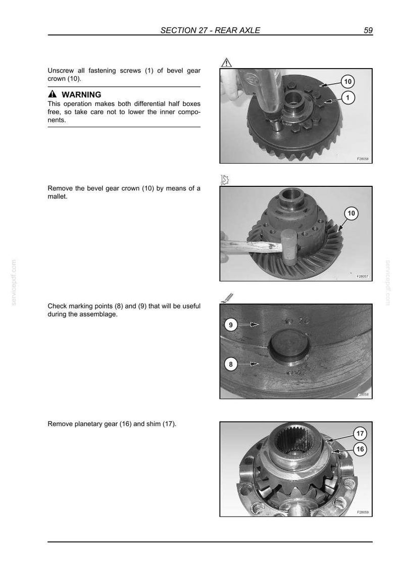 May include: Technical diagram illustrating steps for rear axle maintenance. Includes close-up images of mechanical components, such as gears, screws, and a mallet. Text instructions and numbered labels are also present.