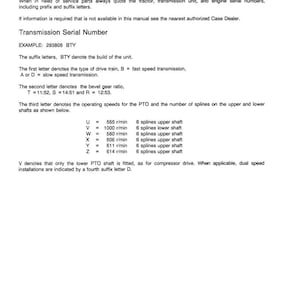 May include: A page from a manual titled "SERIAL NUMBERS" for 85 Series Agricultural Tractors. It includes information on transmission serial numbers, drive train types, bevel gear ratios, and PTO operating speeds. The document is printed in England.