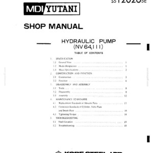 May include: A black and white shop manual for an MDI YUTANI hydraulic pump, model NV64,111, book code S5120265E. The document features a table of contents listing sections on specifications, construction, function, assembly, and maintenance by KOBE STEEL, LTD.