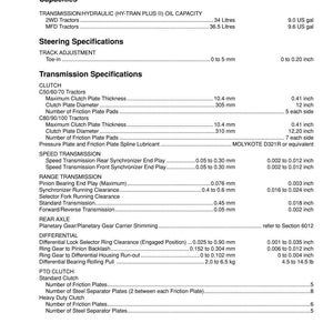 May include: A detailed technical specification sheet for tractors, featuring measurements in inches and US gallons. The document includes specifications for transmission, clutch, and steering, with measurements for clutch plate thickness and diameter.