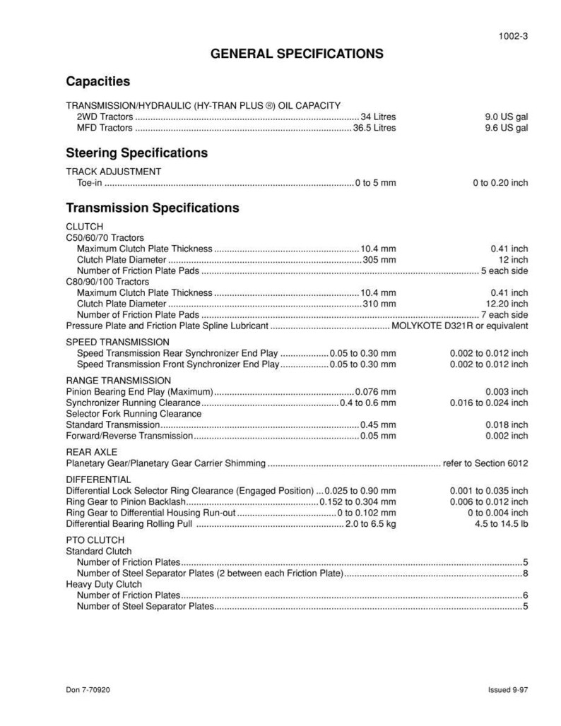 May include: A detailed technical specification sheet for tractors, featuring measurements in inches and US gallons. The document includes specifications for transmission, clutch, and steering, with measurements for clutch plate thickness and diameter.