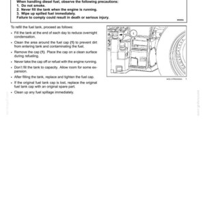 May include: A technical document page titled 4 - OPERATING INSTRUCTIONS Fuel supply. It features a warning box regarding fire hazards when handling diesel fuel, followed by a numbered list of instructions and a line drawing of a fuel tank cap.