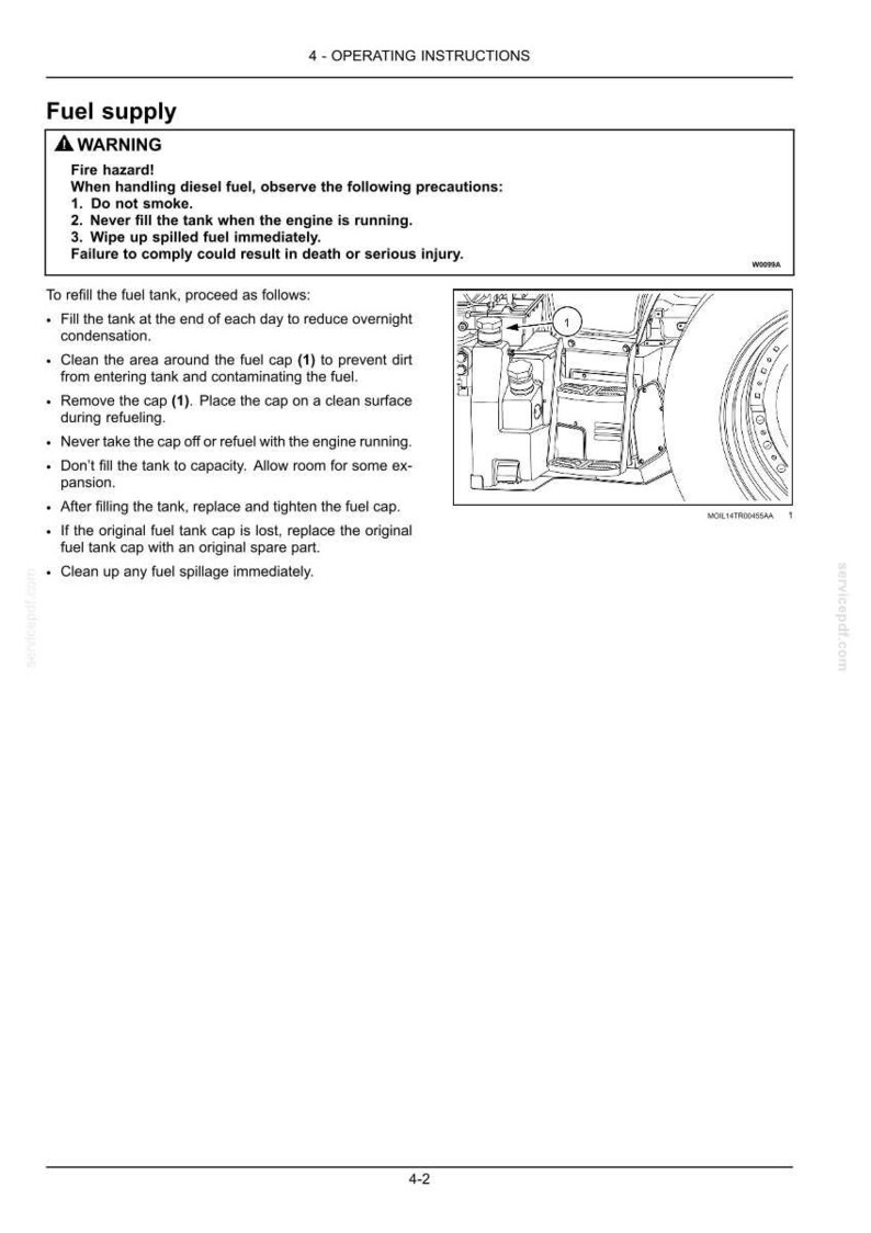May include: A technical document page titled 4 - OPERATING INSTRUCTIONS Fuel supply. It features a warning box regarding fire hazards when handling diesel fuel, followed by a numbered list of instructions and a line drawing of a fuel tank cap.
