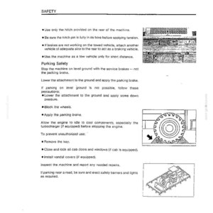 May include: A black and white technical document page titled SAFETY, featuring text instructions for machine operation, towing, and parking. It includes three small diagrams showing a hitch pin, a wheel with a block, and a construction vehicle.