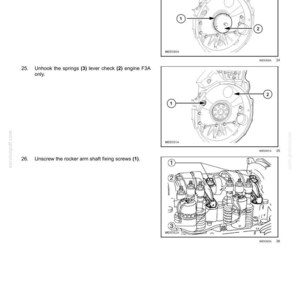 May include: Diagrams illustrating engine components and procedures. The image shows steps for unscrewing screws, removing the timing gear box, unhooking springs, and unscrewing rocker arm shaft fixing screws. Text includes "POWER PRODUCTION - ENGINE".