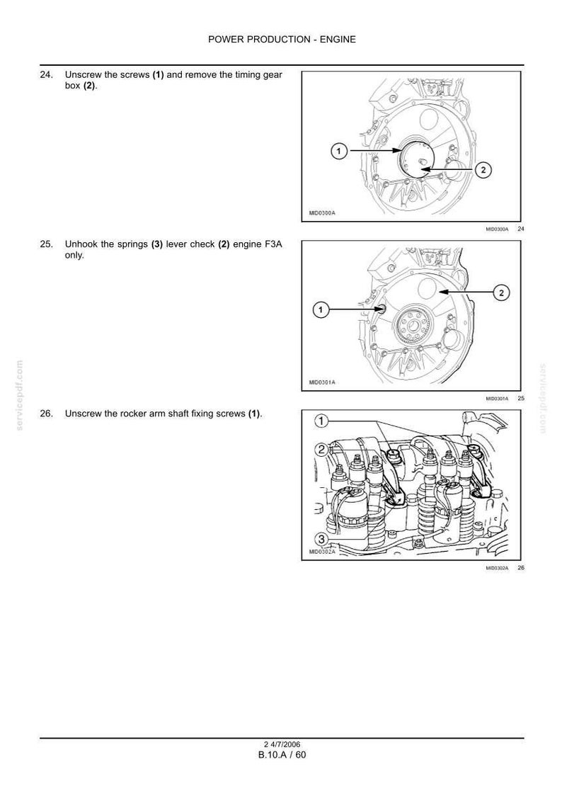 May include: Diagrams illustrating engine components and procedures. The image shows steps for unscrewing screws, removing the timing gear box, unhooking springs, and unscrewing rocker arm shaft fixing screws. Text includes "POWER PRODUCTION - ENGINE".