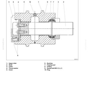 May include: A technical cross-section diagram labeled E485B Upper and Lower Roller, showing an Upper Roller Assembly. The drawing details components including a shaft, collar, thrust washer, cover, bushing, floating seal, O-ring, M12 socket bolts, and a plug.